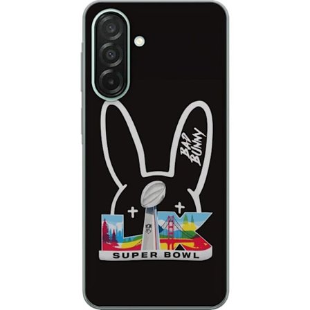 Kompatibel Mobilcover til Samsung Galaxy A26 Bad Bunny portræt med åben skjorte, tatoveringer og krøllet hår i stilfuld modefotografering