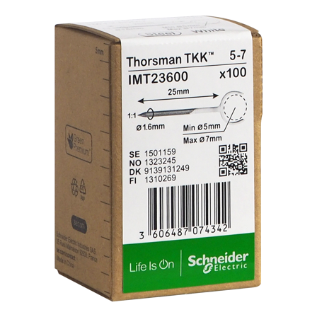 Schneider Electric IMT23600 Klemmer spiker, 100-pakning, rund kabel 5-7, 1,6x25 mm, Installasjonsmaterial