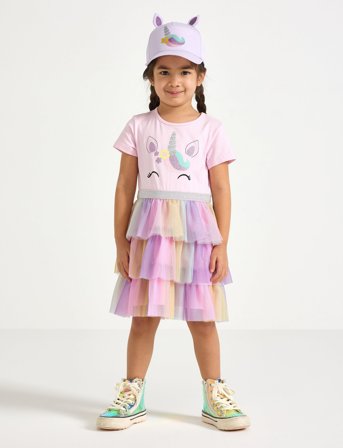 Lindex Dress Ss Unicorn Face Mesh Ski - Pink - 98