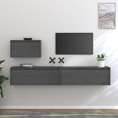 Vidaxl Tv-bänk 3 Delar Grå Massiv Furu Grå