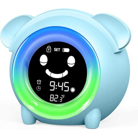 Børnevækkeur, farverig natlampe, stuetemperaturmåler, søvntræner, lurtimer