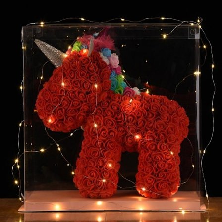 Bevarad blomma enhörning leksak mors dag present finns i flera färger, lyfter fram high-end textur och romantisk saga stil (röd)