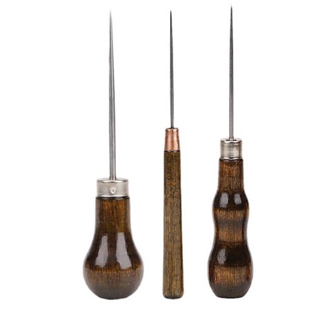 3 stk skinnål, skinnål med trehåndtak, skinnål med trehåndtak, skinnål syverktøy, syl med trehåndtak for skinnsøm, skinn håndlaget DIY (3 former)