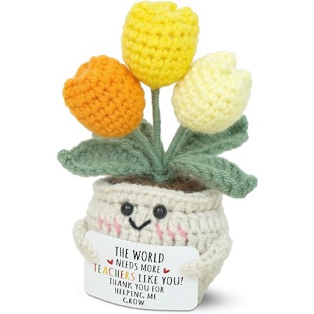 Lärarpresenter, handgjord virkad tulpan med meddelandekort - Miniinspirerande present till lärardagen, examen & födelsedag - Tack