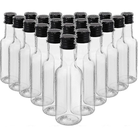 Miniatyrflaskor för sprit (24-pack) - Återanvändbara tomma 50 ml-flaskor i plast med svarta skruvkorkar och tratt