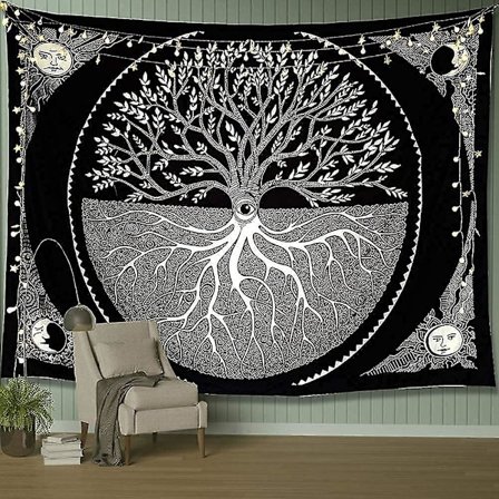 Livets Tre Veggteppe Sol Og Måne Estetisk Veggteppe Veggdekorasjon Svart Hvit Mandala Tepper Veggkunst Dekor For Stue Soverom (tre