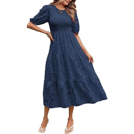 IC Dame 2023 Sommer Puff-Erme Smocked Blomsterkjole Crewneck Blonder Midi-Kjole Casual for Kvinner