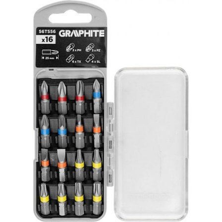 Fack - grafitbits Set med bitar SL3/4/5/6, PH1/2/3, PZ1/2/3, TX10/15/20/25/27/30 x 25 mm, 16 delar.