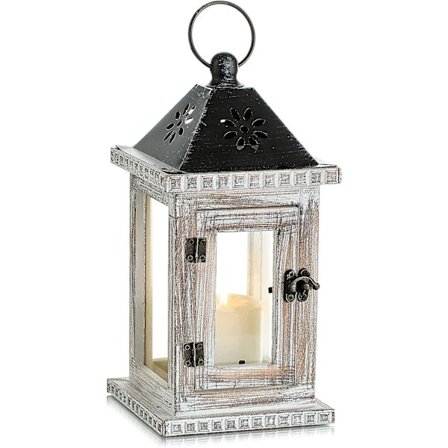 Trelykt i tre - 28 cm dekorativ hvit lykt, vintage lysestake Shabby Chic dekorasjon