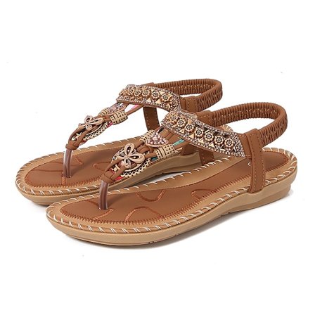 Bohemiska damsandaler sommar 2025 - Rund tå strass Flip-Flop platt komfort
