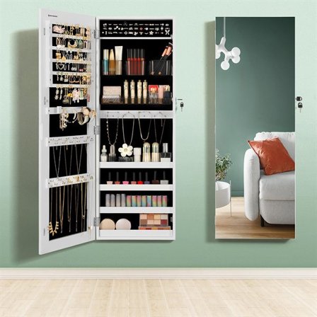 Väggmonterat smyckesskåp med spegel och lås - Vit