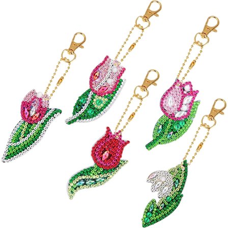 5 Stykker 5D DIY Rose Diamant Maleri Nøgleringe, Blomster Rhinesto