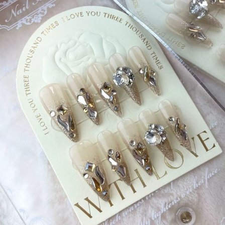 10 stk Champagne Flash Diamond Håndlagde negler Pure Manual False