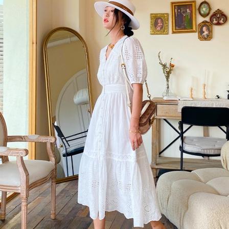 Klänning vit bomullsbroderad midikjol Fransk dam med kort ärm White S