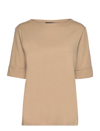 Cotton-Blend Boatneck Top Tops T-shirts & Tops Short-sleeved Brown Lauren Women
