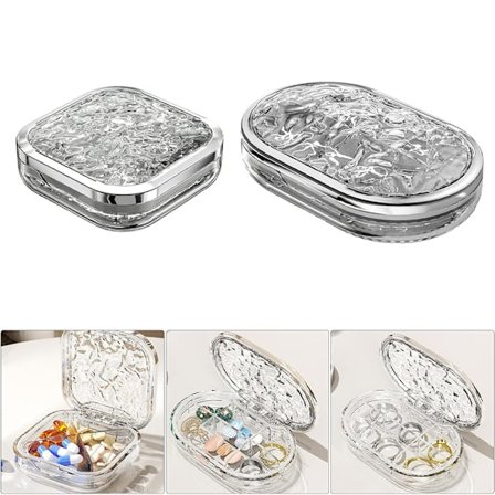 2-pak mini pilleboks, ukentlig pilleoppbevaringsboks, smykkeskrin, gjennomsiktig grå vannbølge-mønster