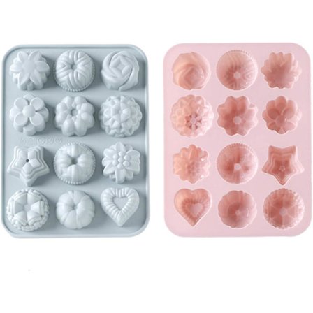 Blommor i silikonformar, silikonkakformar, 12 håligheter silikonformar för att baka kakor, för att göra tvål, kaka, godis, choklad, gelé (rosa,