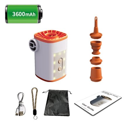 Bærbar Trådløs Elektrisk Luftpumpe med Lys 3600mAh USB Oppladbar Mini Luftpumpe Oppblåsbar Liggeunderlag (Oransje + Hvit)