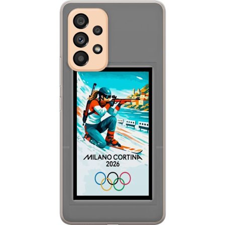 Yhteensopiva Puhelinkuori Samsung Galaxy A53 5G Retrojuliste Cortina Milano 2026 vuorilla, talviurheilijoilla, italiankoloreilla, Milanon tuomiokirkol