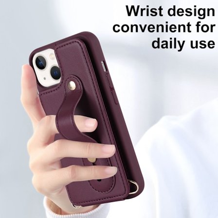 Etui til iPhone 14 Plus, burgunder, anti-fall håndleddsrem, kortholder