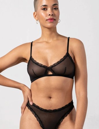 Understatement Underwear Mesh Lace Trim Triangle Bralette - Black - M