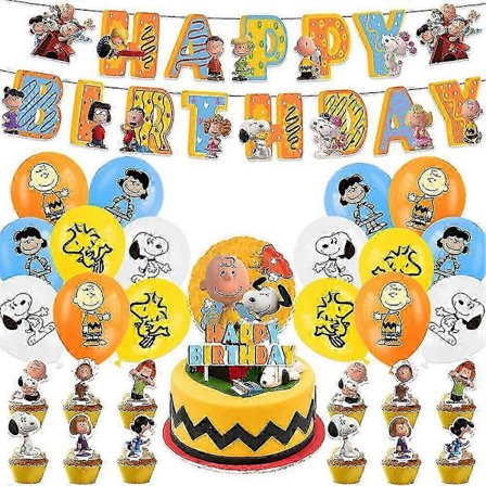 2024 Snoopy Tecknad Barn Födelsedagsfest Dekorationer Tillbehör Kit Inkluderar Grattis på Födelsedagen Banderoller Ballonger Tårta/Muffins Toppers Set