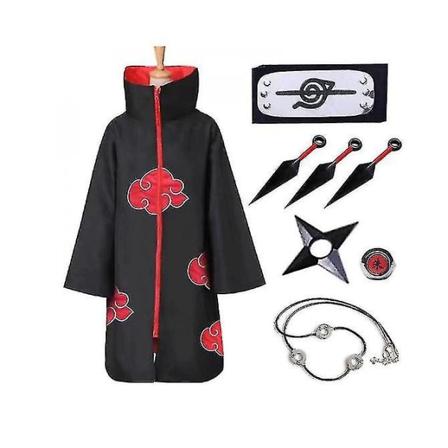 Akatsuki Cloak Anime Cosplay Kostym Kit Itachi Robe Halloween Cosplay Long Cape 8 delar Set M