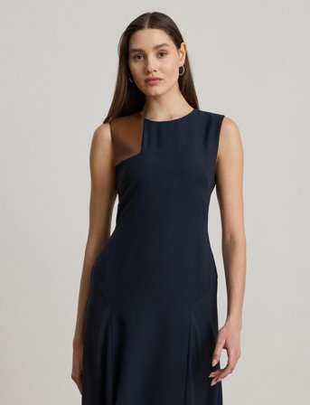 Lauren Ralph Lauren Faux-Leather-Trim Georgette Dress - Navy - 40