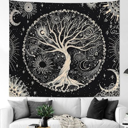 Livets Træ Vægtæppe til Soveværelse Æstetik, Sort og Guld, ZQKLA