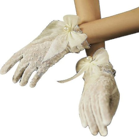 Brudeblonde Handsker Mesh Ruffles Blonde Handsker Med Dekorativ Bue Pearl Party Tilbehør A