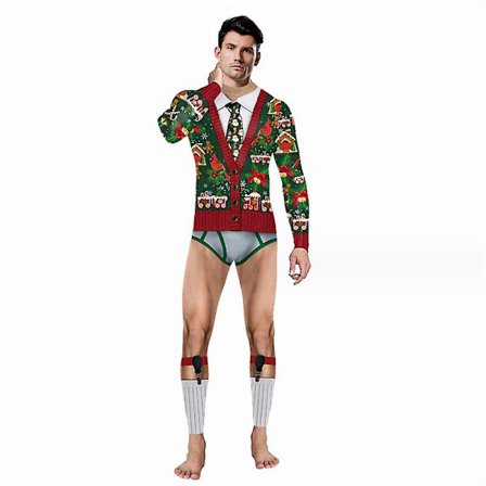 Men's Ugly Christmas Bodysuit Romper Glidelås Langermet Jumpsuit Antrekk Realistisk Nyhet Kostyme Onesies
