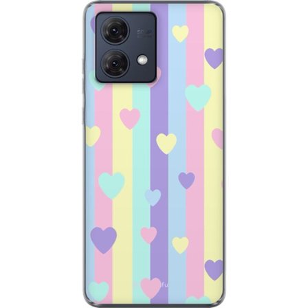 Kompatibel Mobilcover til Motorola Moto G84 Pastelstriber i lyserød, gul, lilla og blå med spredte hjerter i blød kawaii-stil.