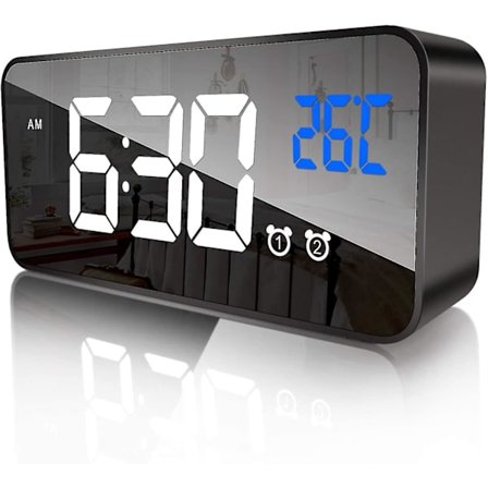 Digitalt Vækkeur, LED Digitalt Vækkeur, Spejlbordur, USB Genopladeligt Rejsevækkeur Med Dobbelt Alarm Snooze, Stemmestyringsfunktion