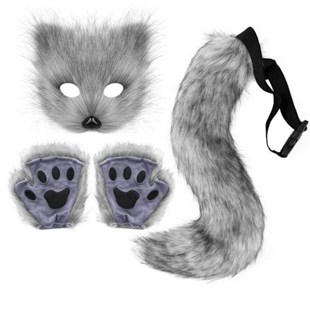 Fuskpäls Rävsvans Katt Varulv Cosplay Kostymset Plysch Mask Fluffiga Tassar Handskar Halloween Jul - Perfekt Mörkgrå