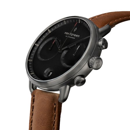 Nordgreen Men's Classic Large Wrist Watch Watch - Silver Case - Black Dial - Brown Vegan Leather Watch Strap Pioneer White Dial Chronograph