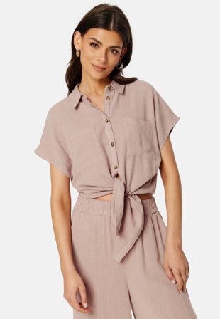 Pieces Vinsty SS Linen Tie Shirt Woodrose Klær