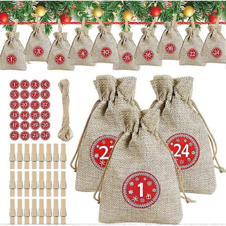 Adventskalender - Juteposer - Adventskalender 2024 - Juteposer - Julegaveposer med 24 nummererede adventsklistermærker {db}