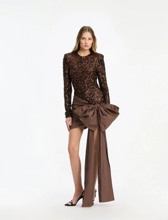 ROTATE Birger Christensen Sequins Bow Mini Dress - Brown - 38
