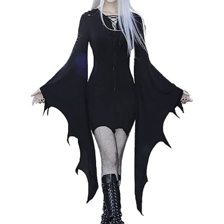 Gotisk Tøj Kvinders Batwing Ærme Kjole Halloween Kostume Sort Steampunk Mini Kjole Vampyr Cosplay Hexe Kostume