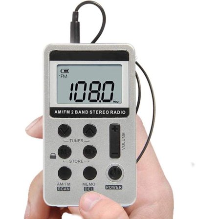 Lille Bærbar Radio (Sølv), Mini Lommeradio med Genopladeligt Batteri