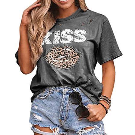 Print För Damer Tunika Blus Hollow Out T-shirt