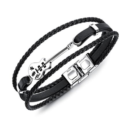 Flätad Läderarmband Med Gitarr Svart/silver Svart 210 Mm
