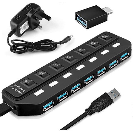 USB-hubb 3.0 7 portars datahubb USB-splitter med individuella strömbrytare