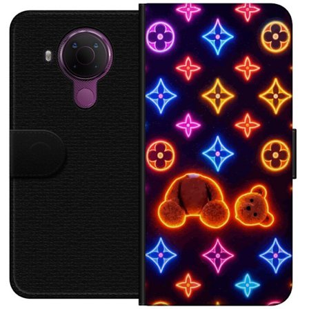 Yhteensopiva Lompakkokotelo Nokia Nokia 5.4 Neonvärisellä ylellisellä kuviolla, jossa hehkuvia nalleja pop-taide-esteetiikassa