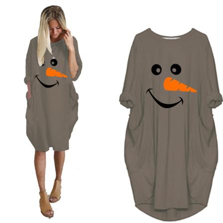 Kvinnor Julklänning Snögubbe Printed Långärmad Klänning