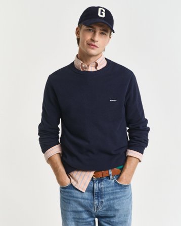 GANT Herren Rundhalspullover aus Baumwoll-Piqué (S) Blau