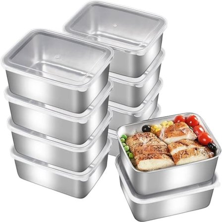 10-pack Stainless Steel Food Containers with Lids – 580ml Storage – Airtight Lunch Boxes for Fridge, Freezer, Picnic & Camping – 14x11x5.5 cm – Silver