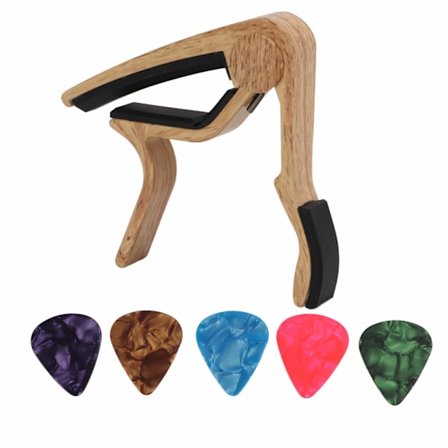 Capo Hurtigudløsningsstrengklemme Tilbehørssæt med 5 stk. Guitar Plektrum til Bas Banjo Lyst Træfarve