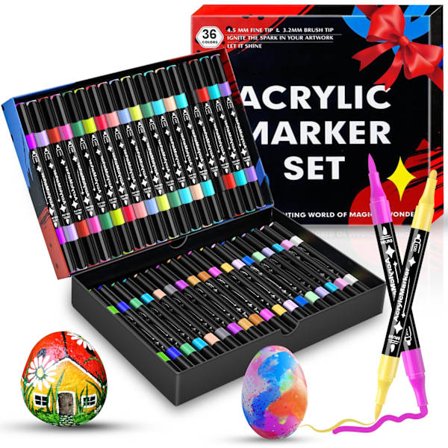 36-farvers akrylmarkørpennesæt med dobbelte spidser, med fine og medium spidser, velegnet til maling på overflader som sten, træ, glas og stof.