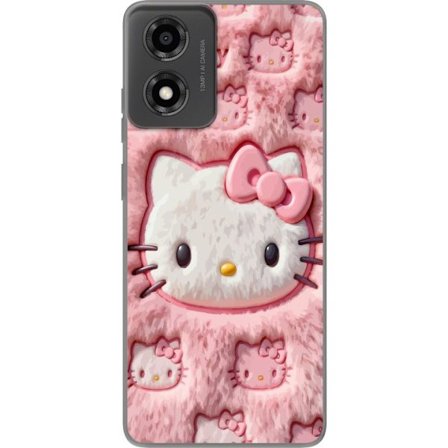 Kompatibelt Mobildeksel til Motorola Moto E14 Hello Kitty rosa fluffy bakgrunn med ikoniskt ansikt og kawaii-estetikk